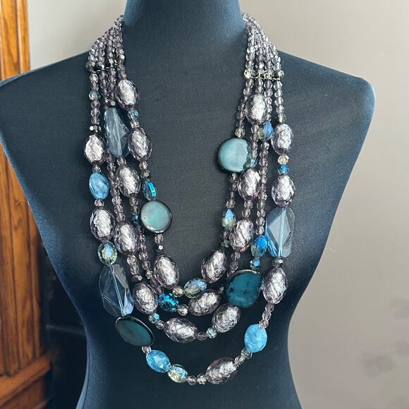 Chico's Necklace Jewlery Statement 32.5" Adjustable Blue Gray Layered Multistran - Picture 1 of 11